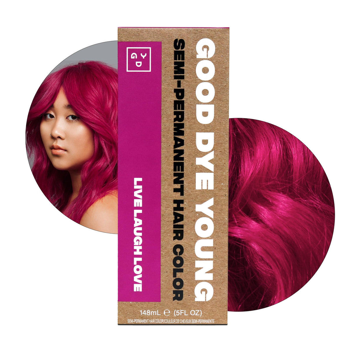 Good Dye Young magenta hair dye bottle shows vibrant, semi-permanent color.