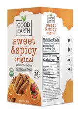 Good Earth Tea Co packaging label highlights organic ingredients and caffeine-free blend.