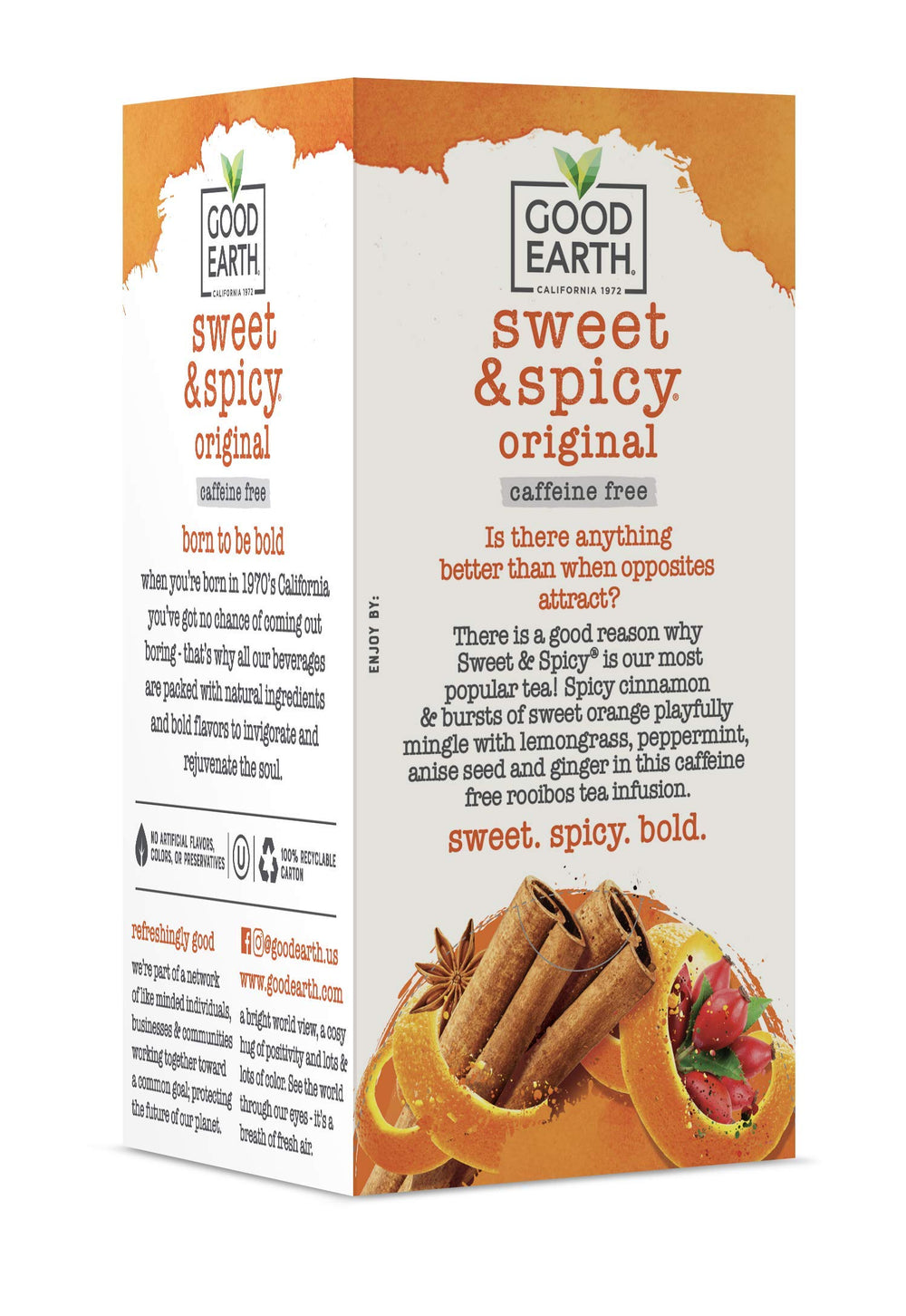 Good Earth Tea Co. Sweet Spicy tea bags closeup, caffeine-free option.