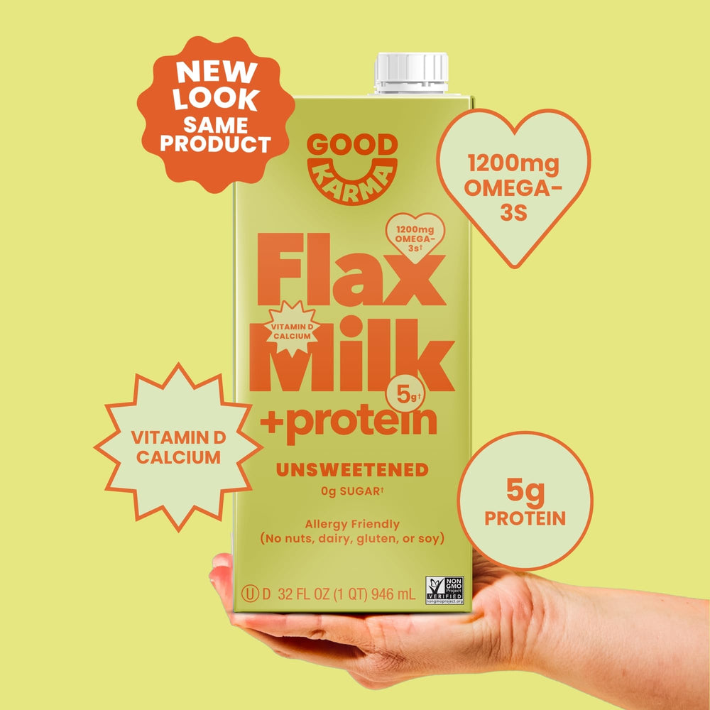 Good Karma Flaxmilk +Protein glass for pre or post-workout protein boosts