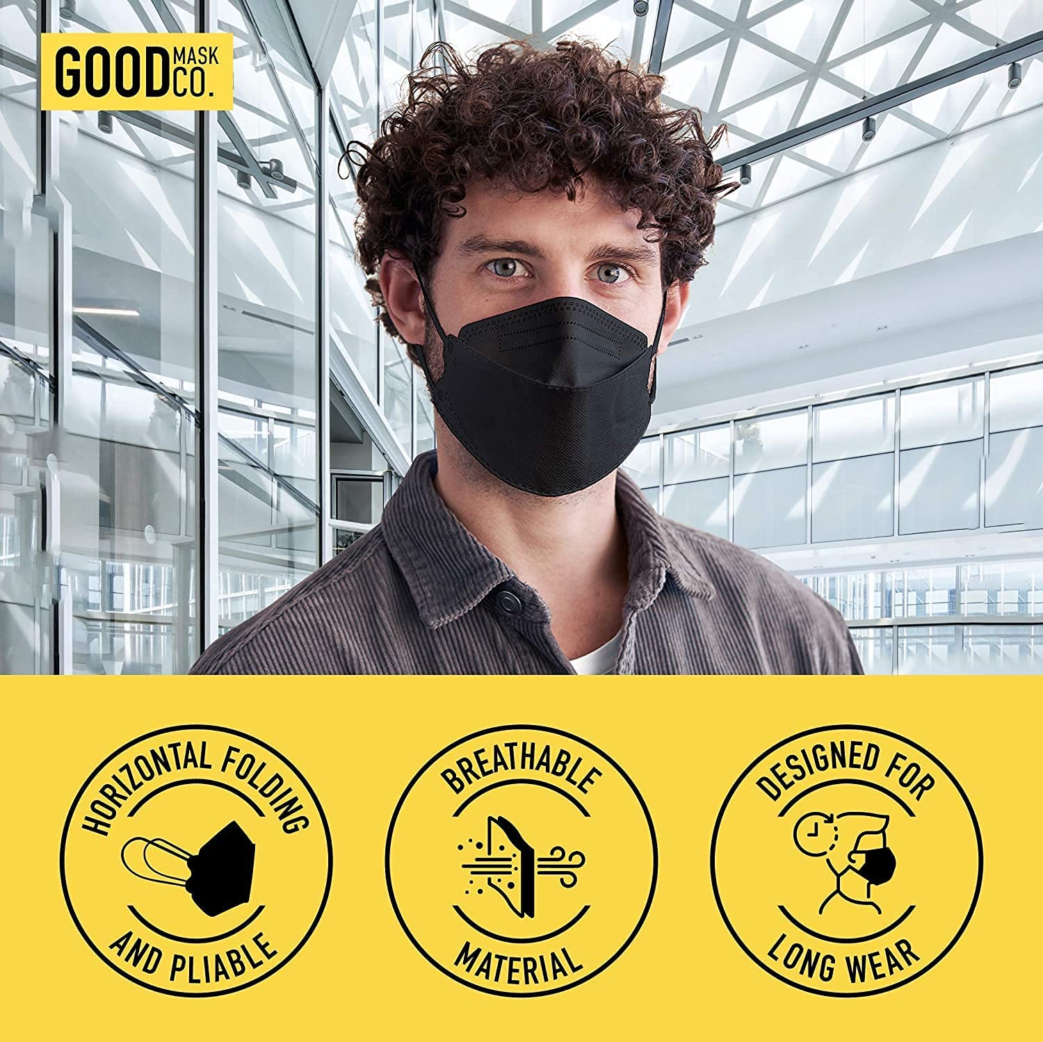 Good Mask Co. Good Comfort KN95 folding mask shown flat for easy pocket storage.