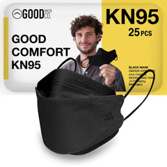 Good Mask Co. Good Comfort KN95 folding black mask showing secure, comfortable daily wear.