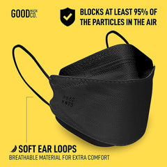 Good Mask Co. Good Comfort KN95 elastic earloops provide easy, secure fit.