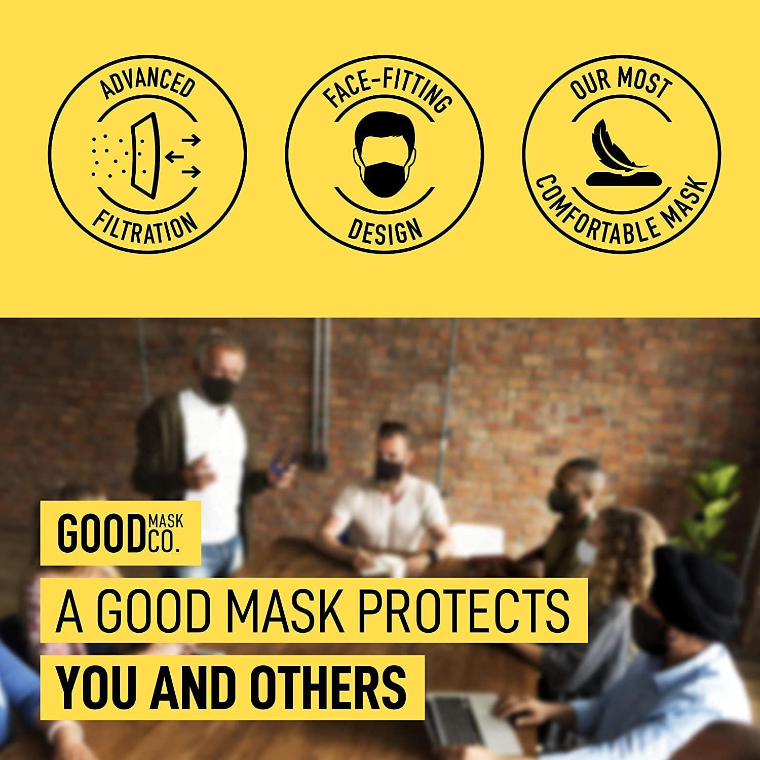 Good Mask Co. Good Comfort KN95 soft-material mask with nose clip for better seal.