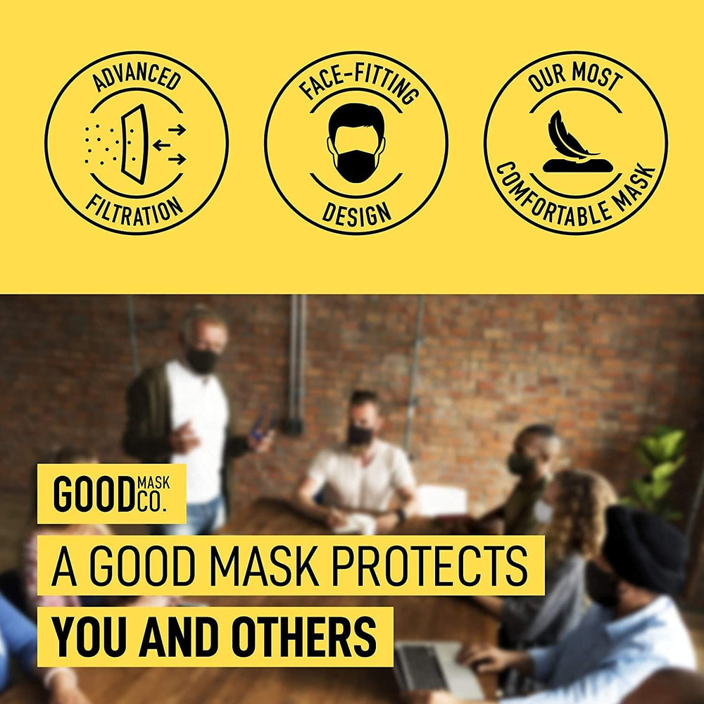 Good Mask Co. Good Comfort KN95 soft-material mask with nose clip for better seal.
