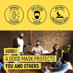 Good Mask Co. Good Comfort KN95 soft-material mask with nose clip for better seal.