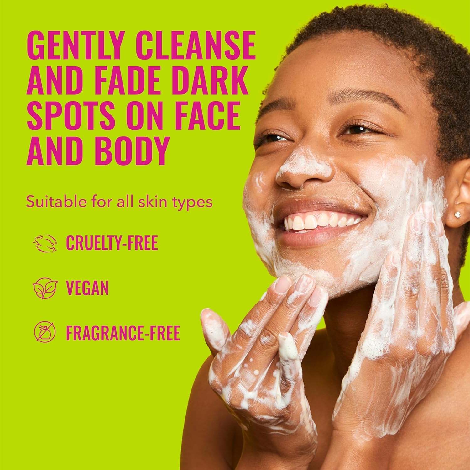Good Molecules Brightening Dark Spots Bar in hand highlights travel-friendly, fragrance-free cleansing