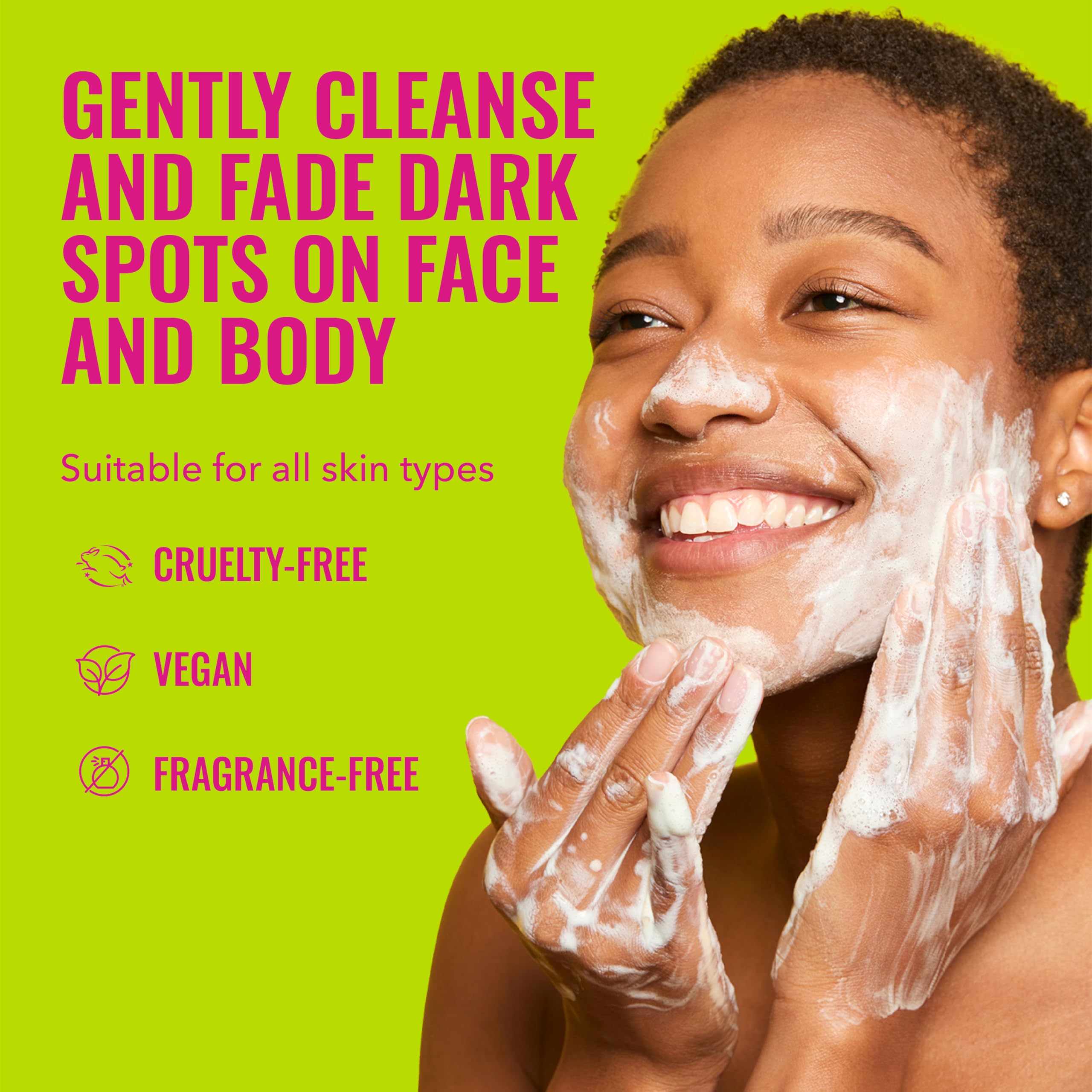 Good Molecules Brightening Dark Spots Bar Pack 2 packaging close-up highlights gentle cleansing.