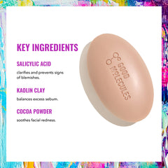 Good Molecules Clarify and Cleanse Bar closeup highlights kaolin clay and other ingredients.