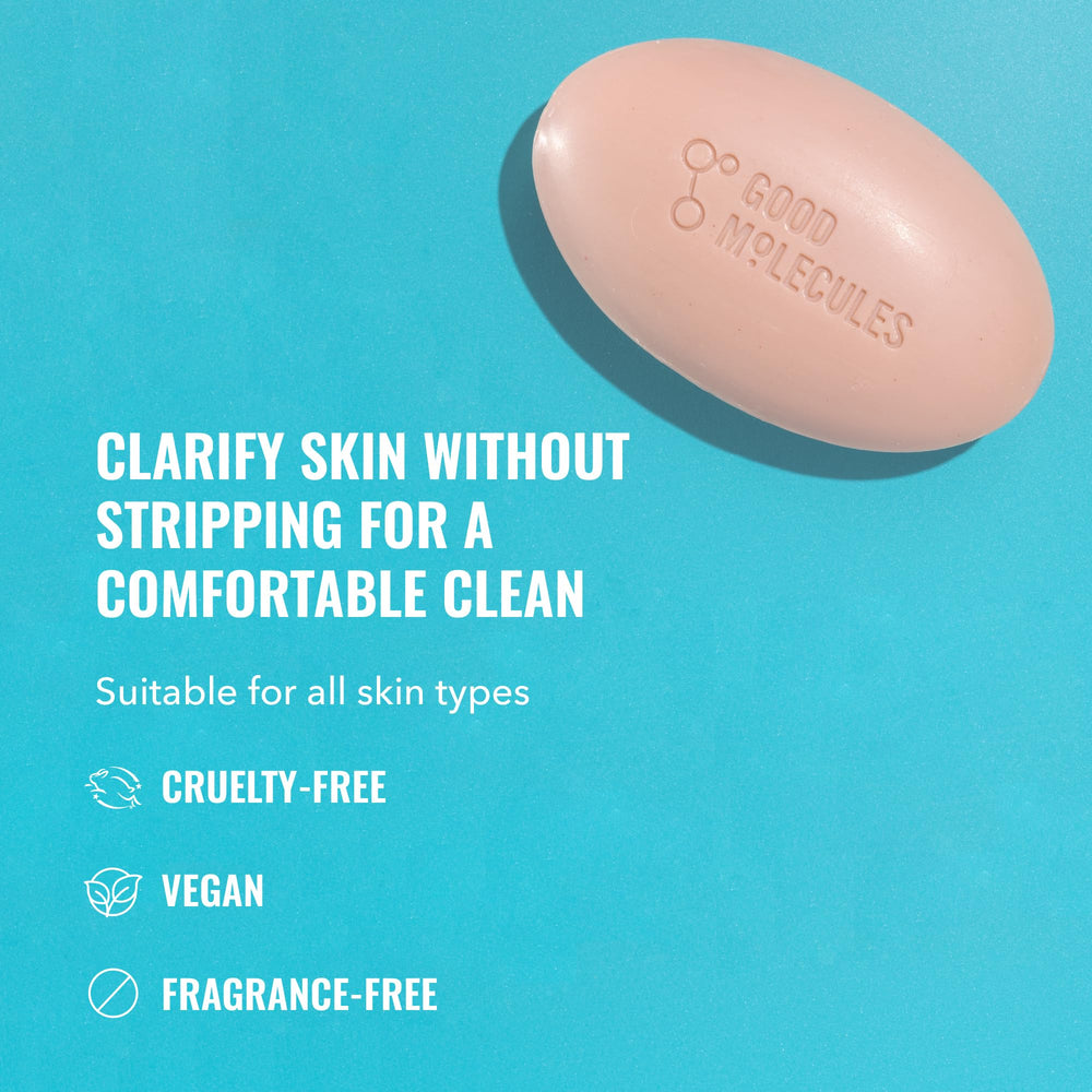 Good Molecules Clarify and Cleanse Bar foamy lather demonstrates easy daily use for clear skin.