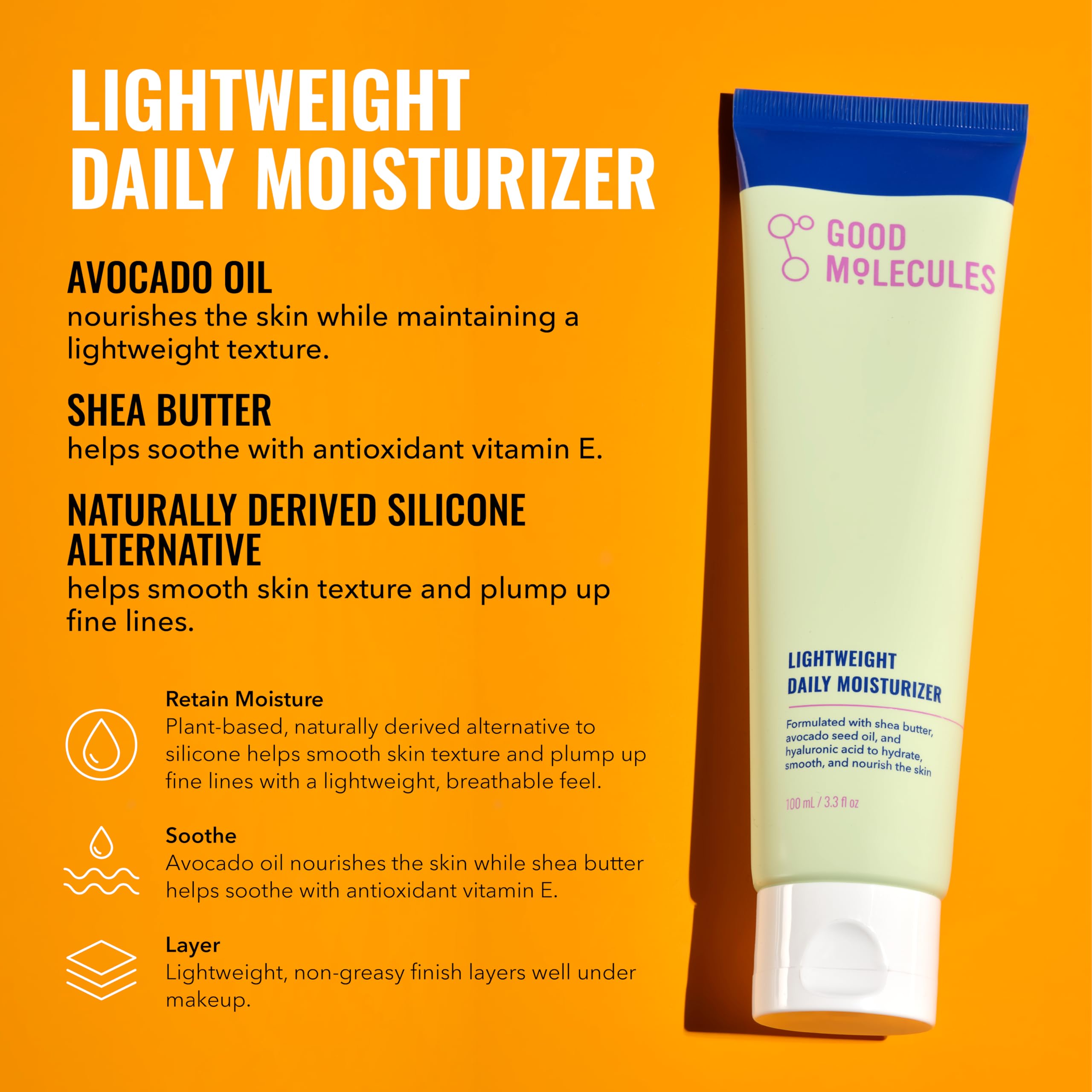 Closeup of Good Molecules formulas showing hydrated skin texture