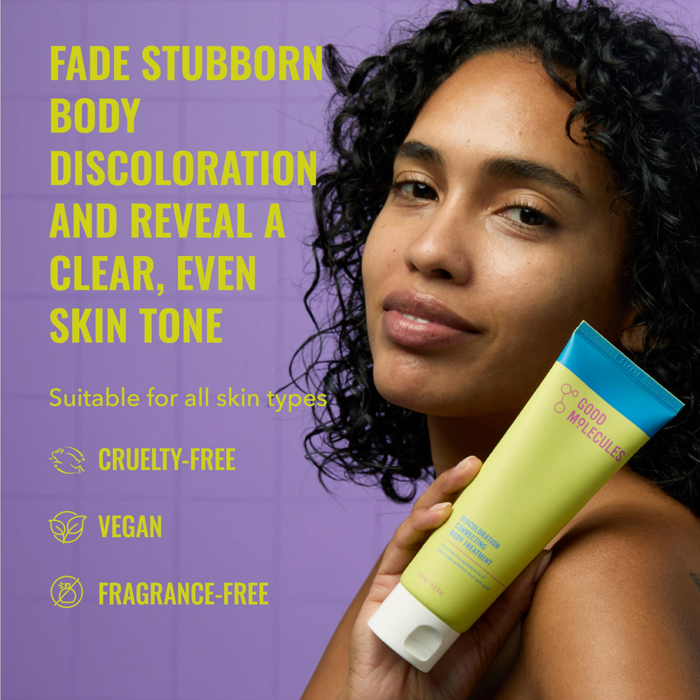 Good Molecules Discoloration Correcting Body Treatment cream texture swirl shows lightweight feel.