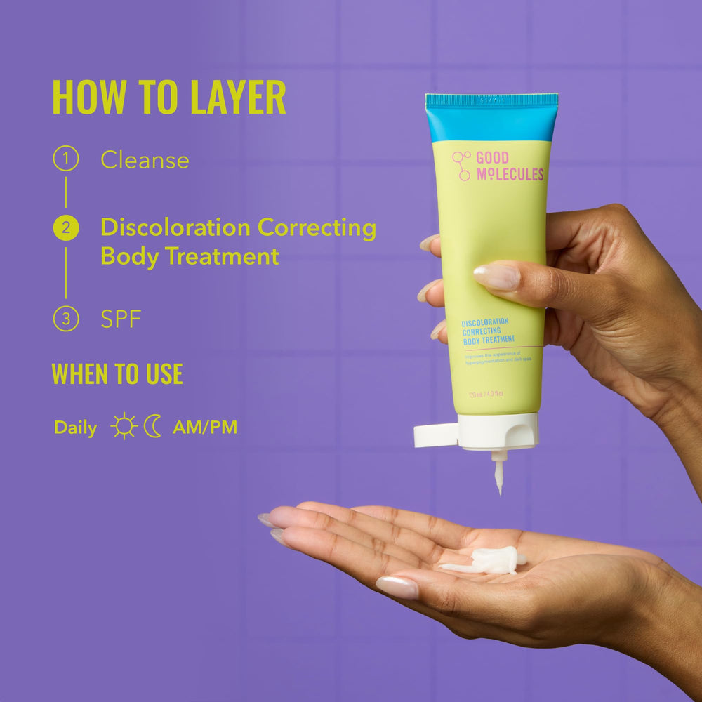 Good Molecules Discoloration Correcting Body Treatment close-up of niacinamide and LHA ingredients.