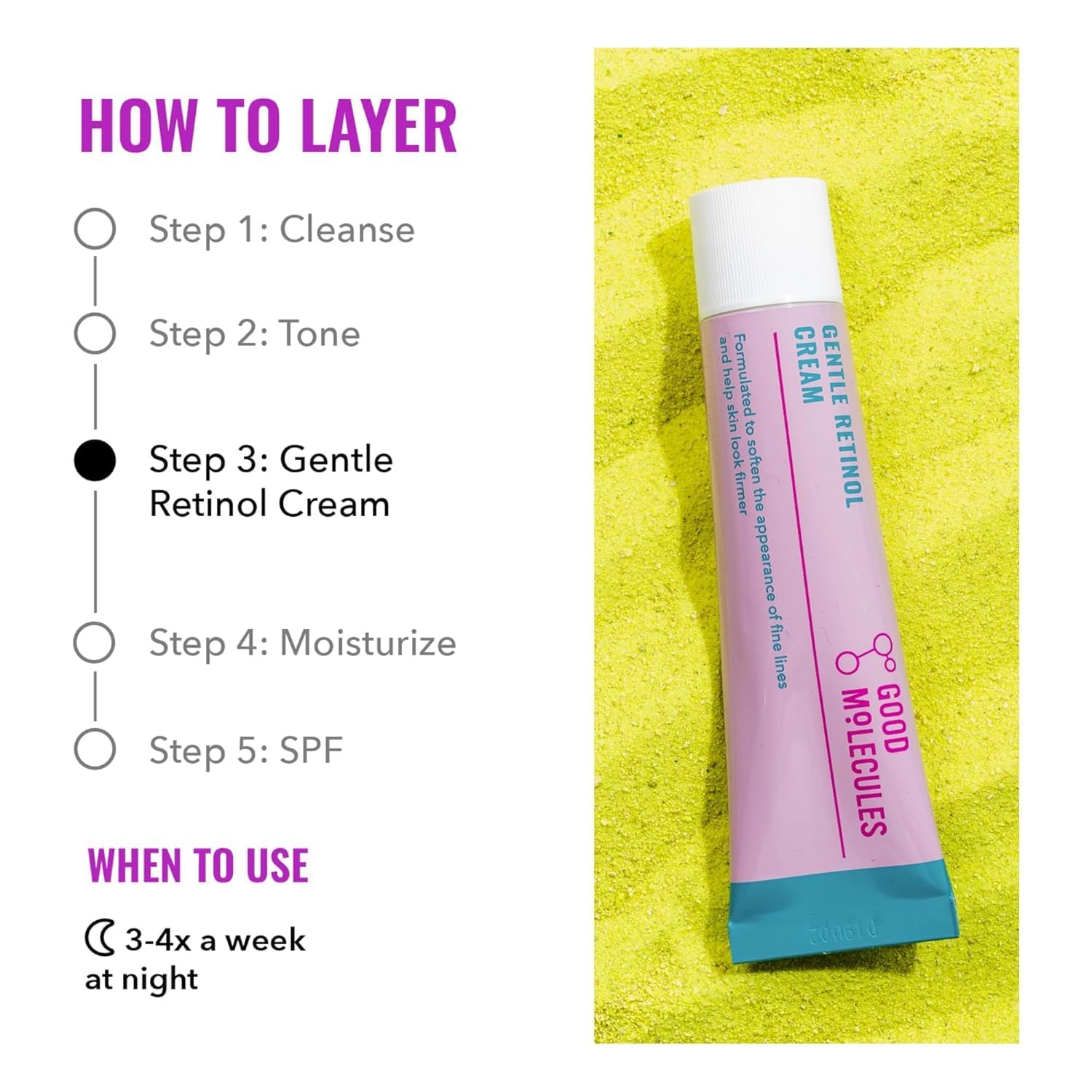 Good Molecules Gentle Retinol Cream 30 ml Pack 2 usage scene demonstrates nighttime skincare.