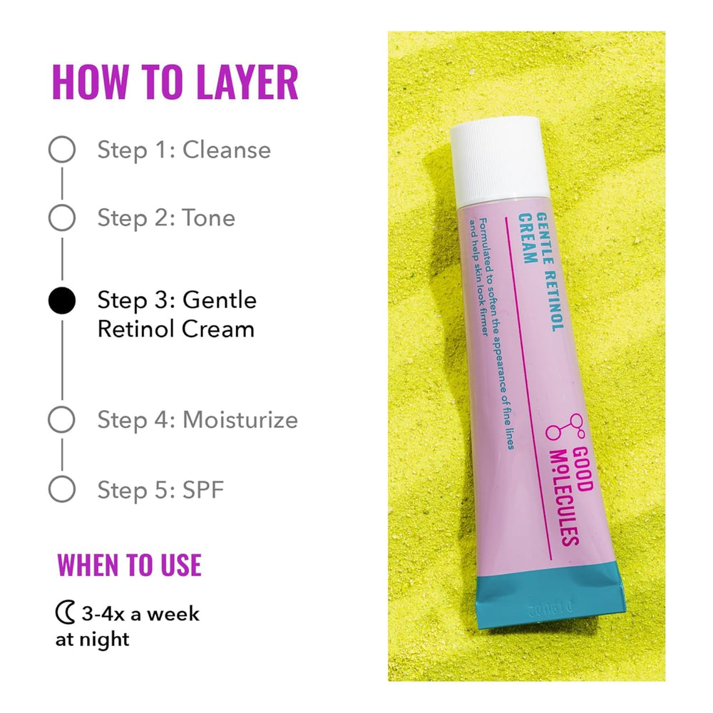 Night application with Good Molecules Gentle Retinol Cream on cleansed skin