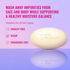 Good Molecules Hydrate & Cleanse Bar macadamia oil nourishes skin during daily use.