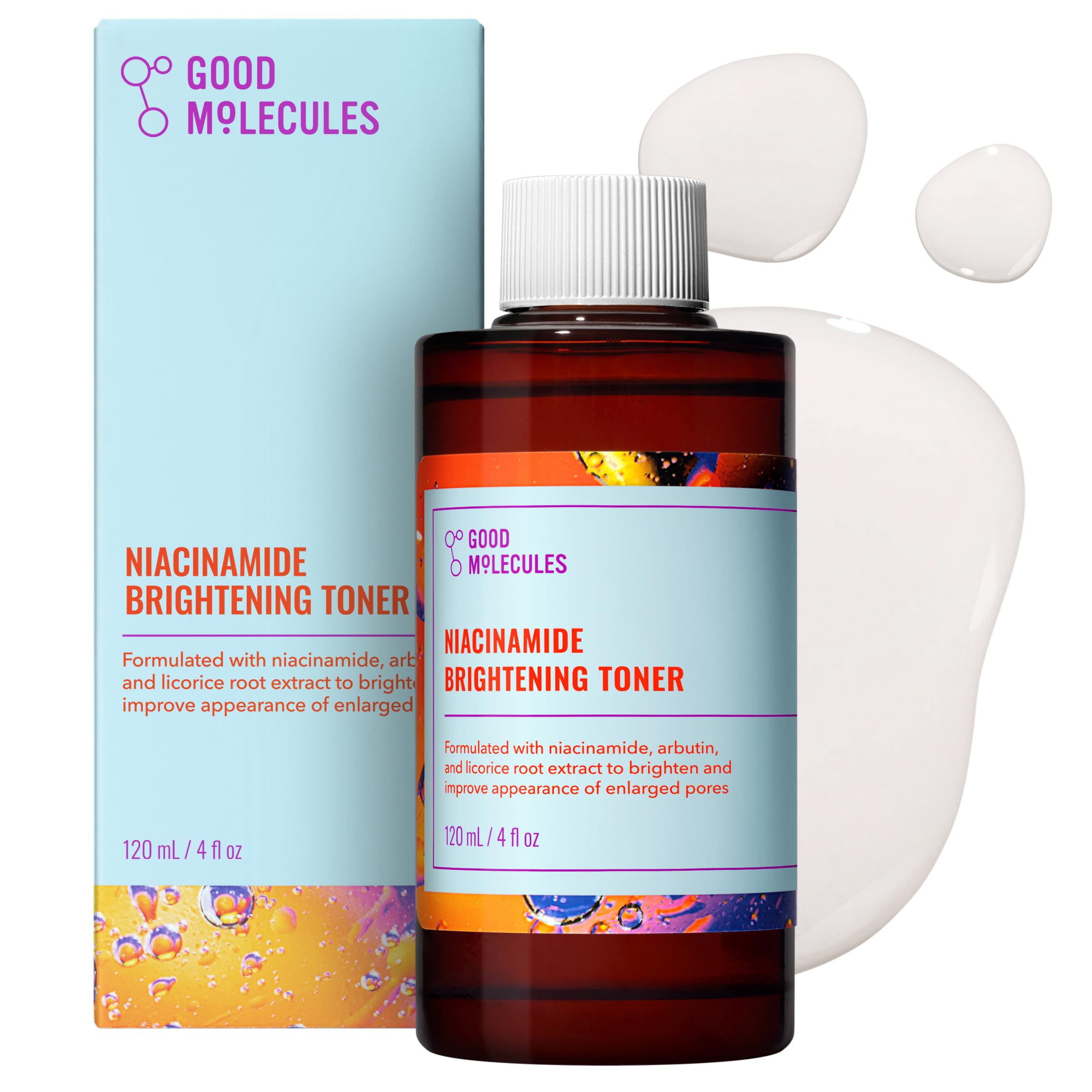 Good Molecules Niacinamide Brightening Toner bottle pour showcases simple daily-use packaging