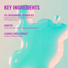 Good Molecules Niacinamide Brightening Toner ingredients closeup highlights niacinamide and arbutin for even tone