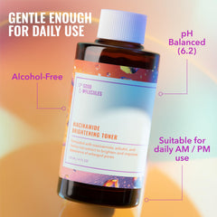 Good Molecules Niacinamide Brightening Toner labeled bottle emphasizes vegan, alcohol-free formula