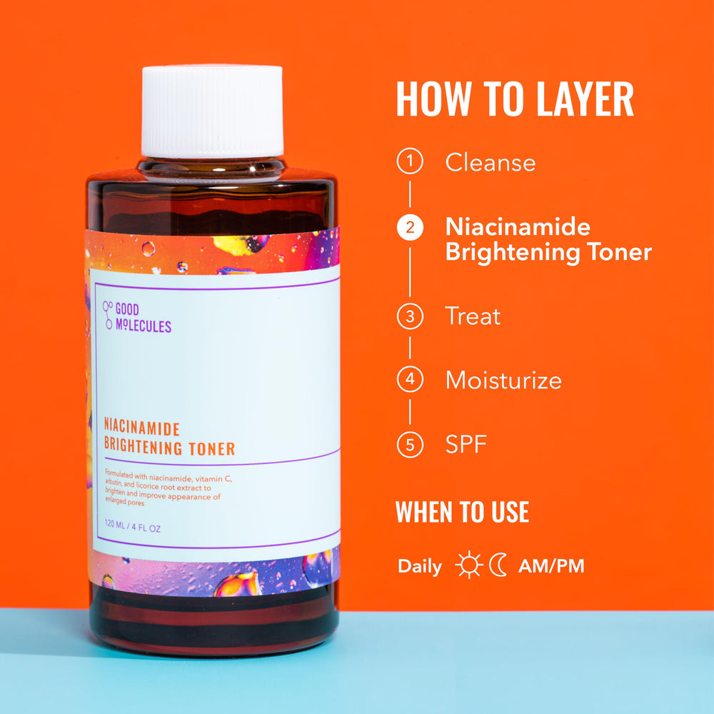 Good Molecules Niacinamide Brightening Toner skincare routine scene suggests swift daily steps