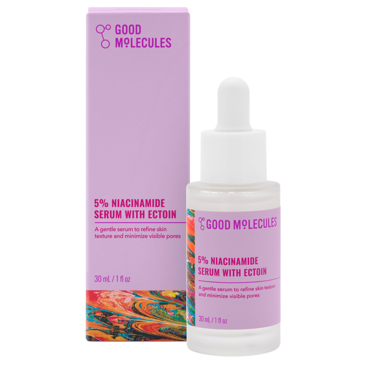 Good Molecules Niacinamide Serum with Ectoin bottle close-up for balanced skin.