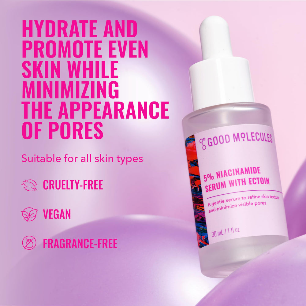 Good Molecules Niacinamide Serum with Ectoin dropper dispensing serum on skin.