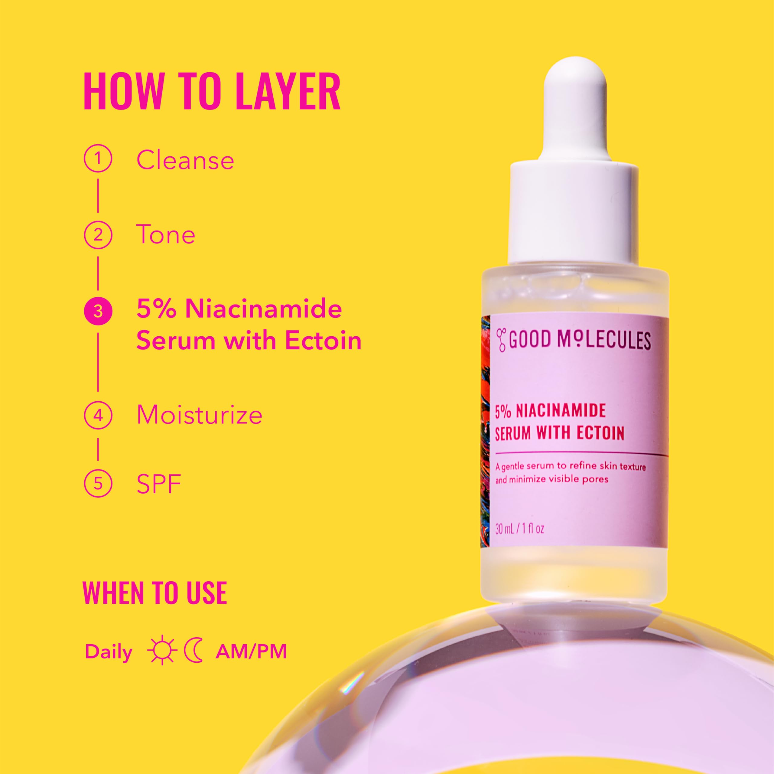 Good Molecules Niacinamide Serum with Ectoin fragrance-free label close-up.