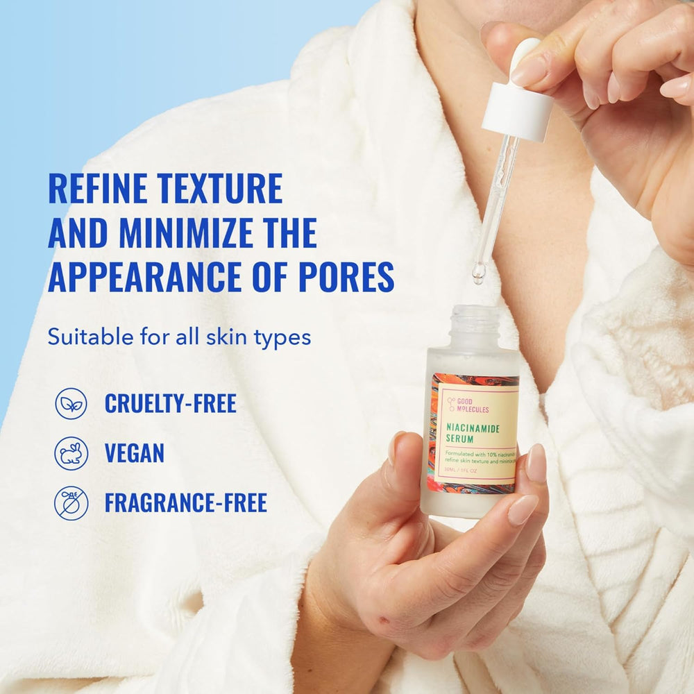 Good Molecules Niacinamide Serum Pack 2 bottle label close-up shows 10% Niacinamide.