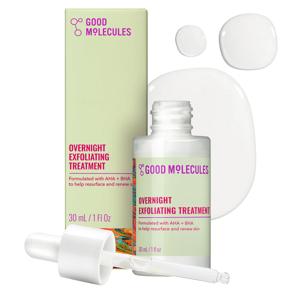 Good Molecules Overnight Exfoliating Treatment bottle close-up highlights glow boosting potential.