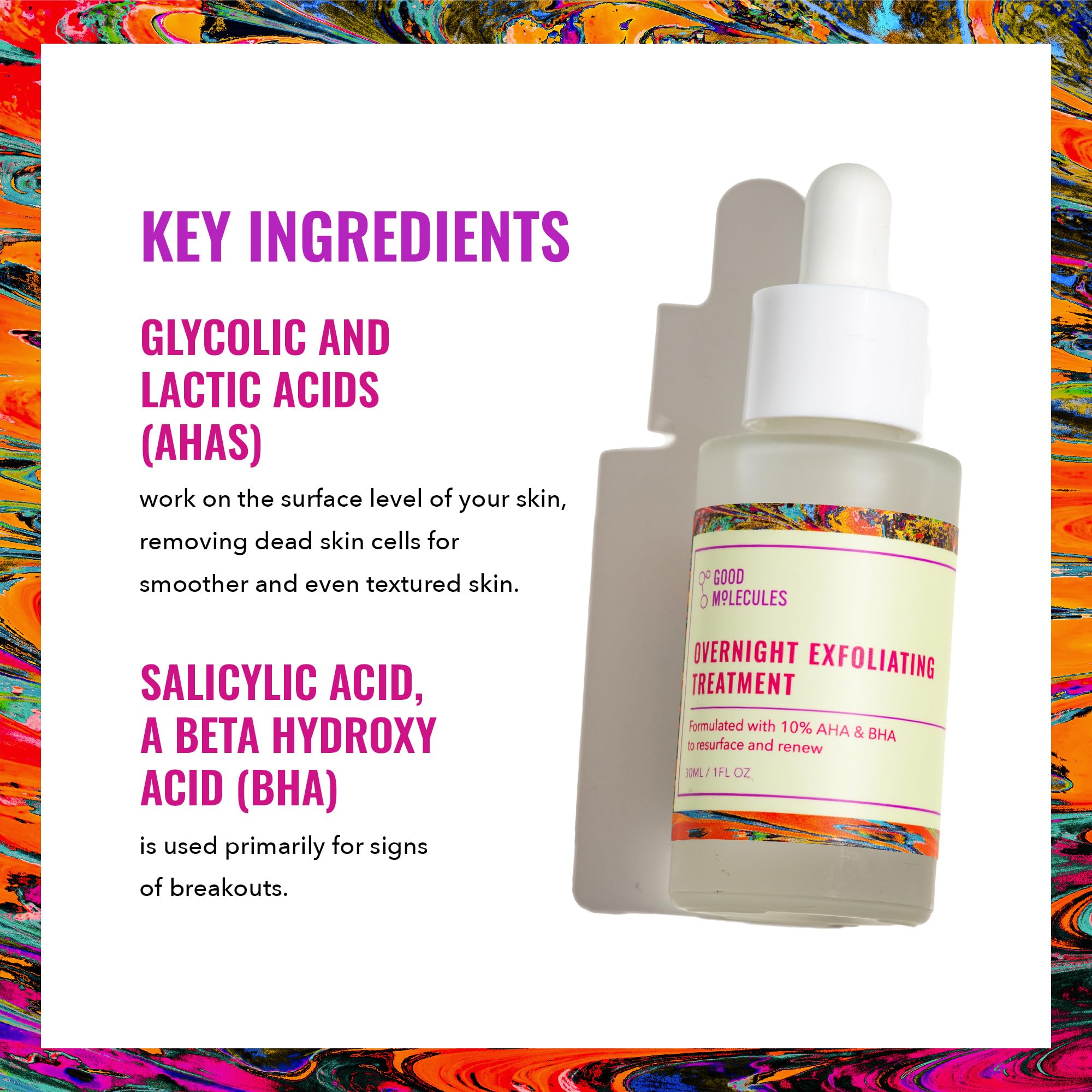 Good Molecules Overnight Exfoliating Treatment drops on palm indicate gentle nightly use.