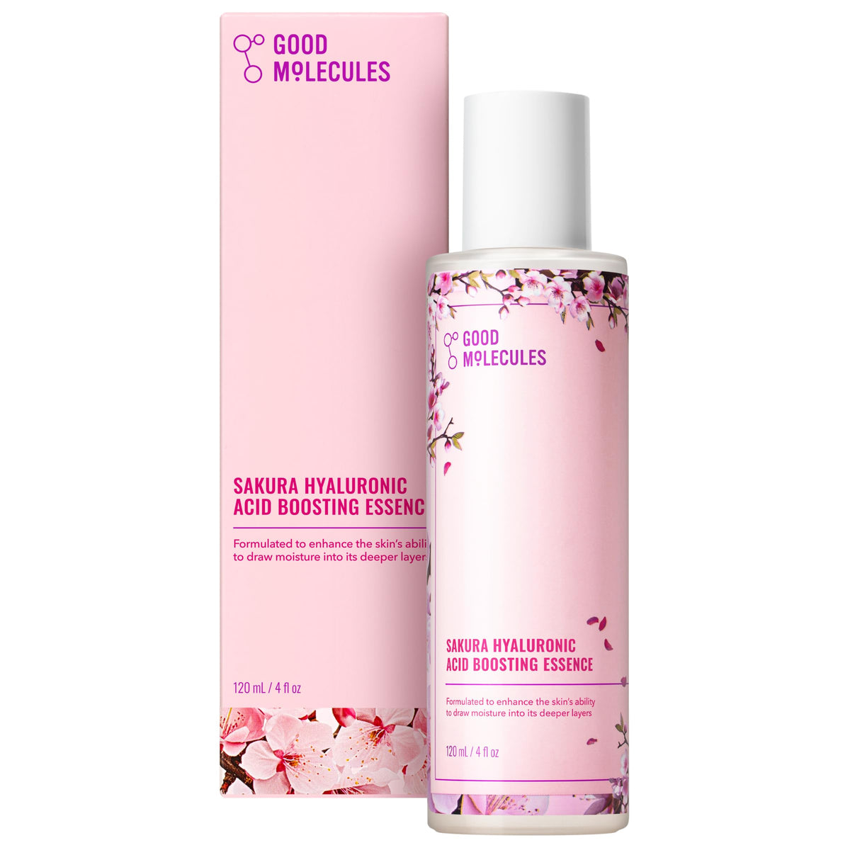 Good Molecules Sakura Hyaluronic Acid Boosting Essence bottle showing hydrating formula for plump skin.