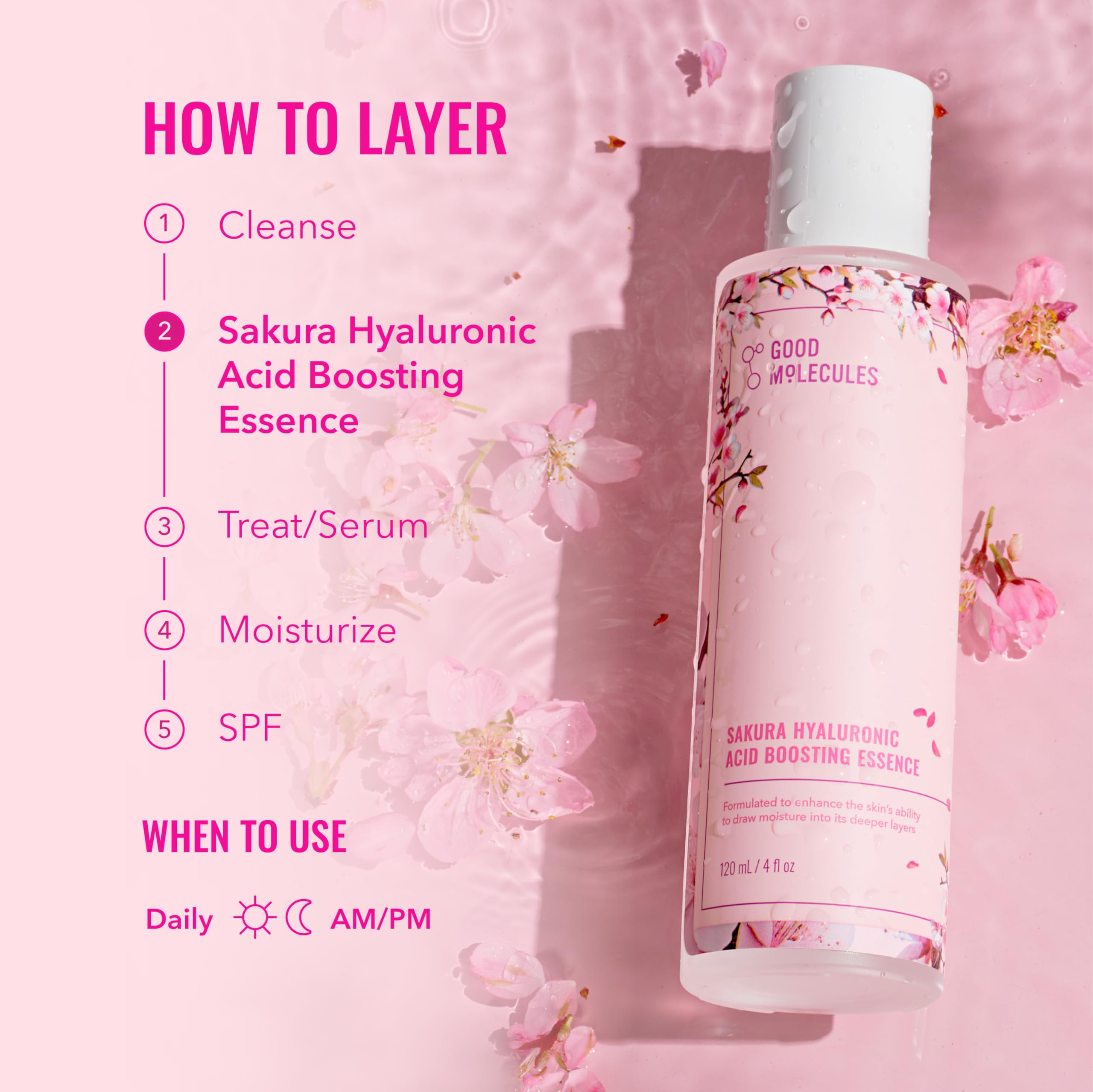 Dewy glow achieved with Good Molecules Sakura Hyaluronic Acid Boosting Essence.