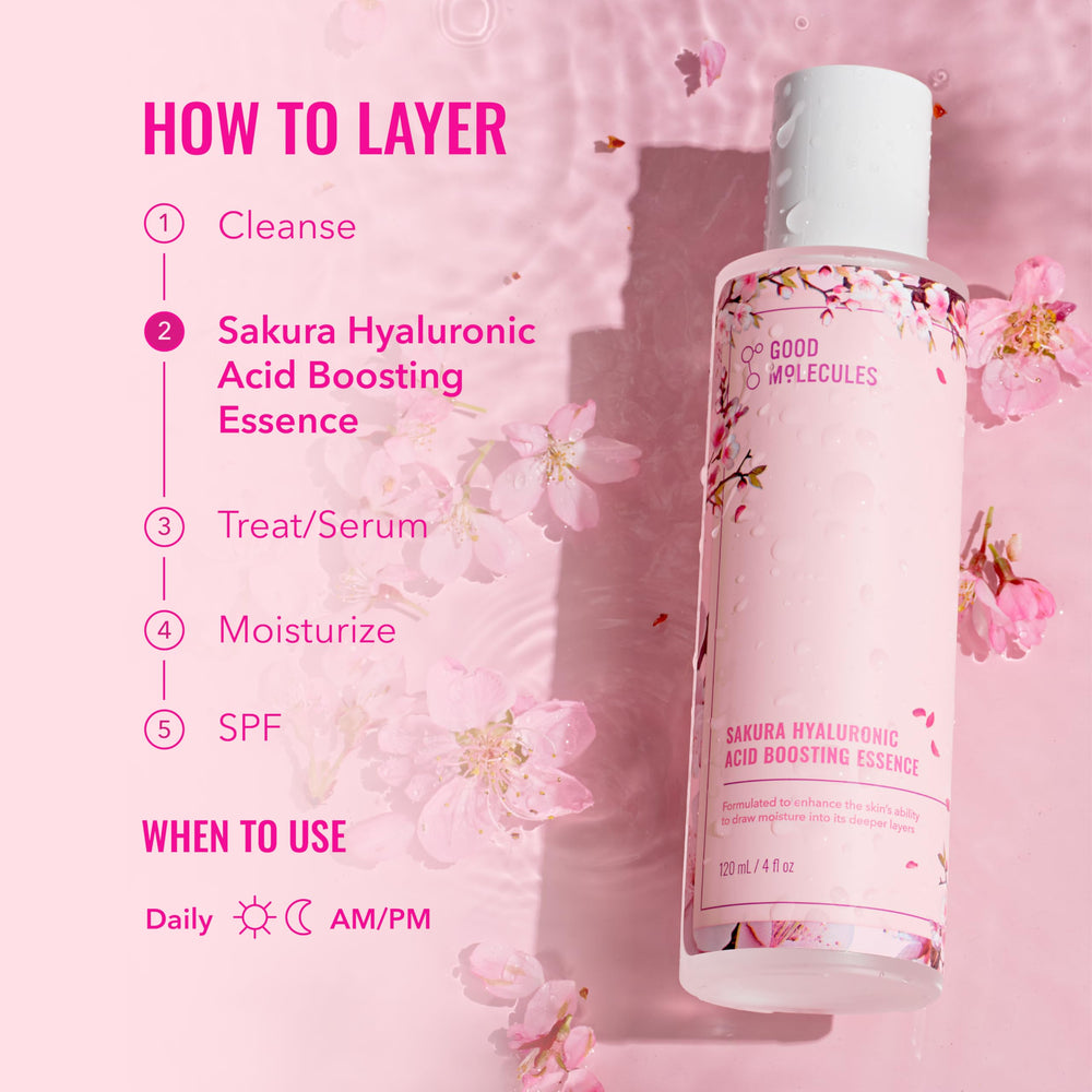 Dewy glow achieved with Good Molecules Sakura Hyaluronic Acid Boosting Essence.
