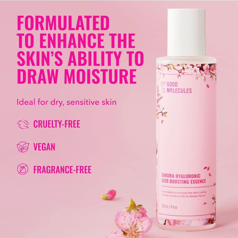 Close-up of packaging for Good Molecules Sakura Hyaluronic Acid Boosting Essence.