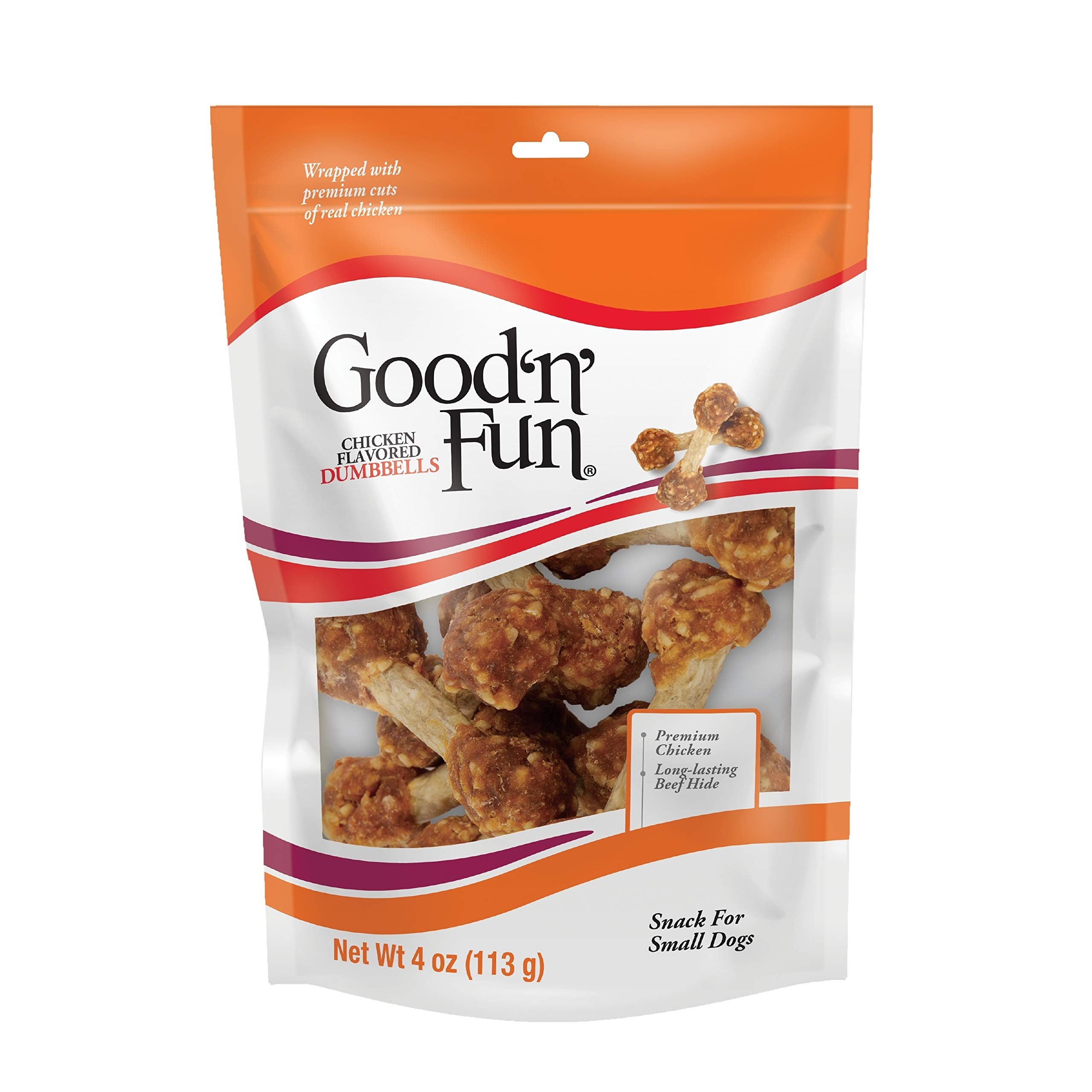 GOOD 'N' FUN chicken-dumbbells 4oz pack shot for small dogs, inviting chew session