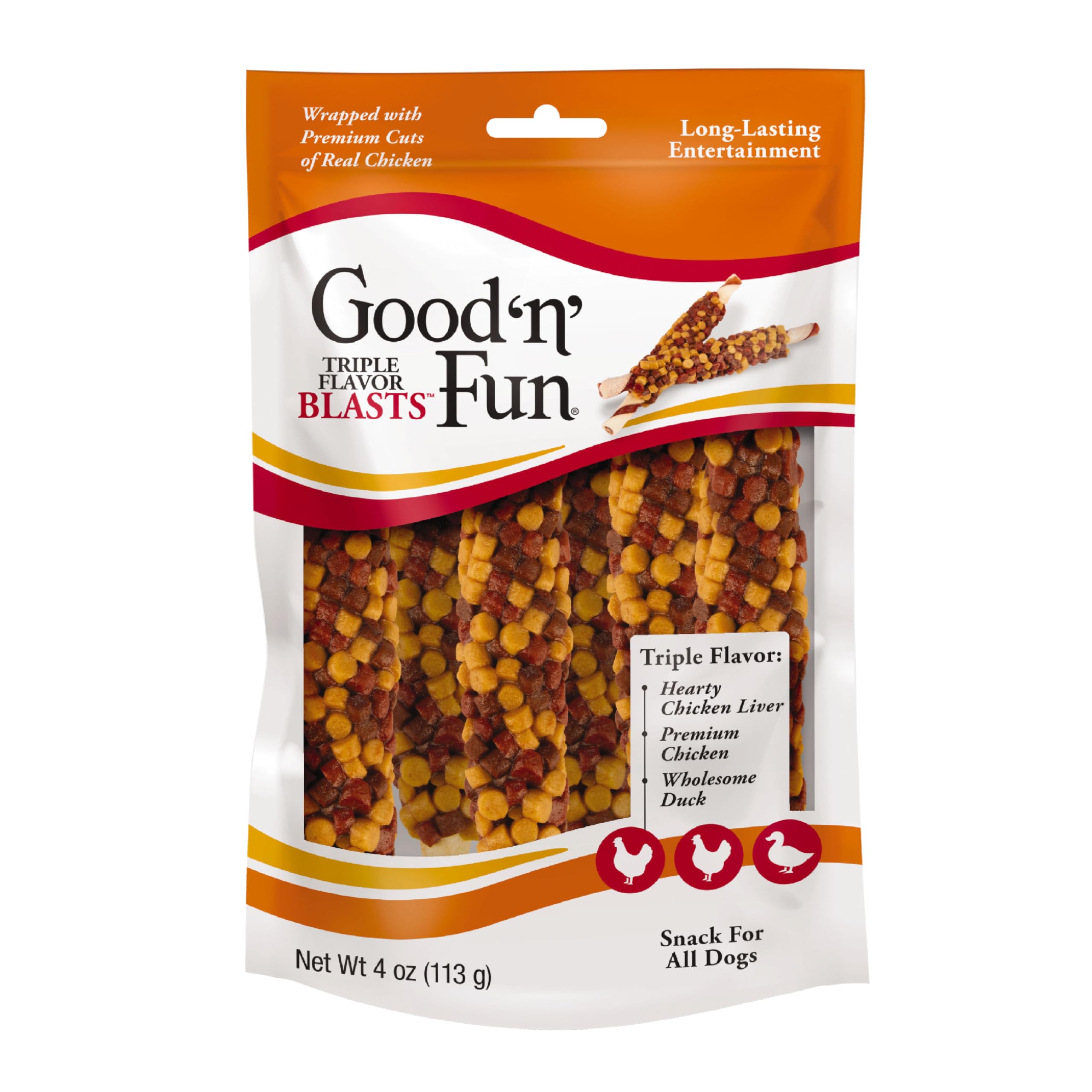 GOOD 'N' FUN Triple Flavor Blasts packaging featuring real chicken for long-lasting dog engagement.