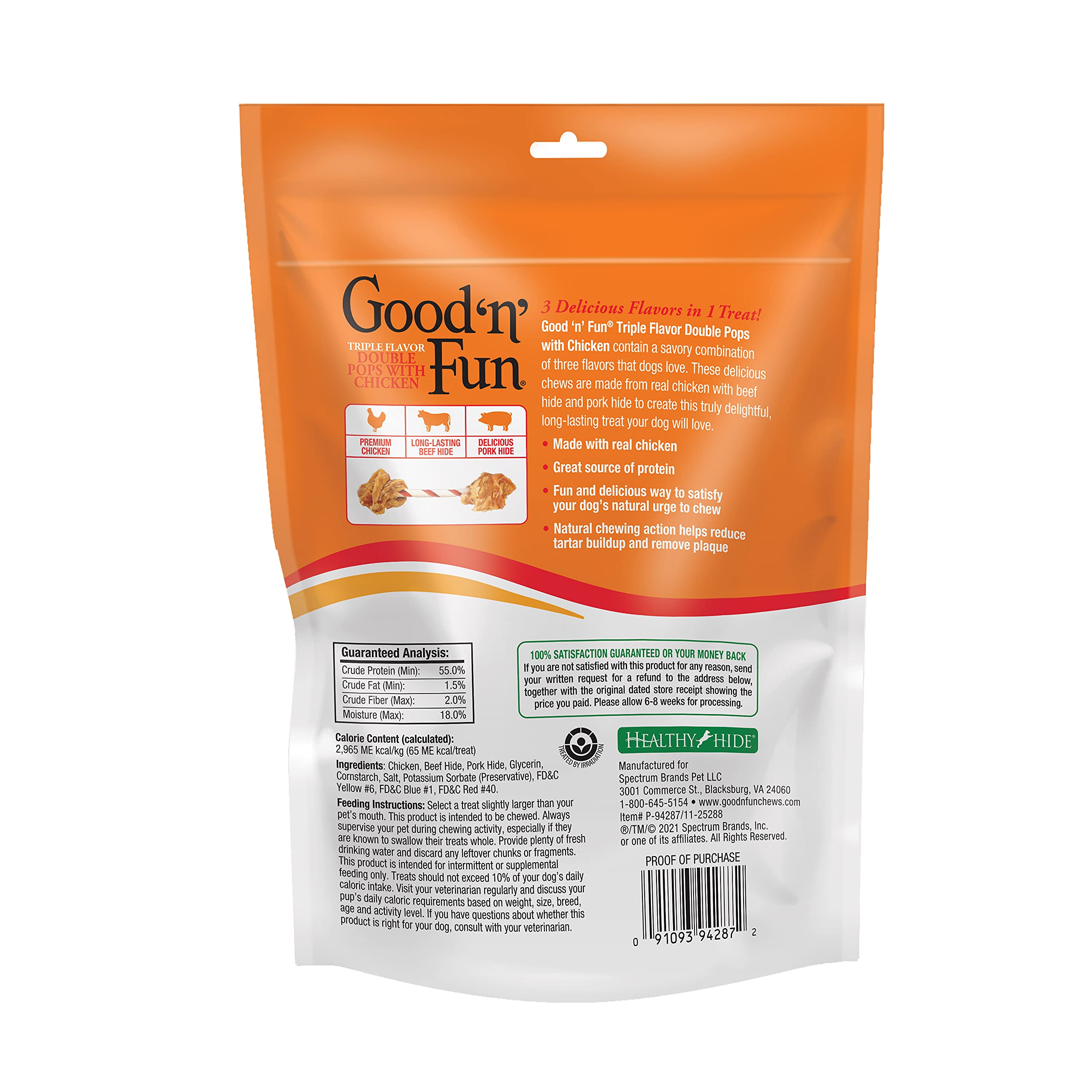 GOOD 'N' FUN Triple Flavor Double Pops dumbbell close-up showing real chicken and hides.