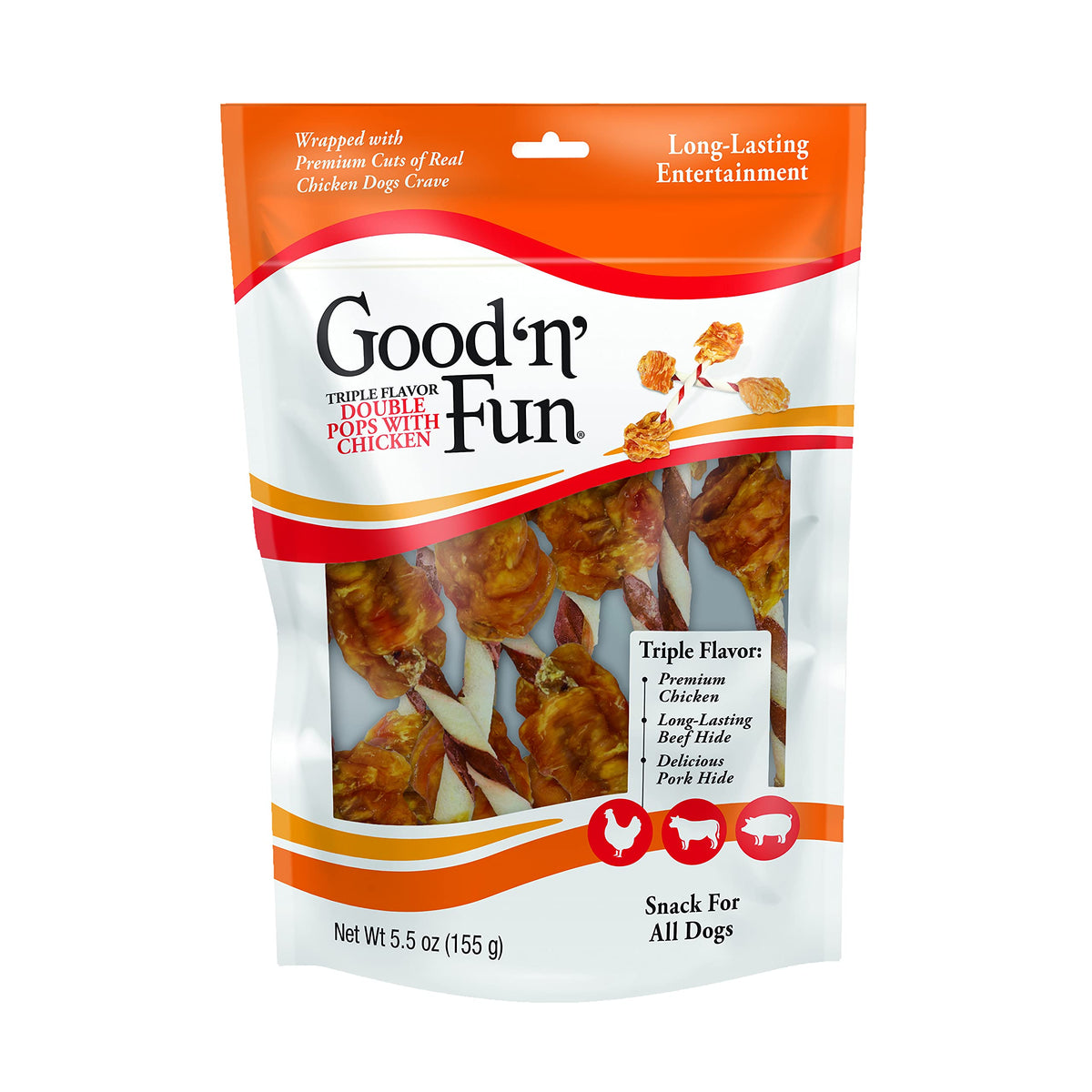 GOOD 'N' FUN Triple Flavor Double Pops dumbbell shape for long-lasting chewing fun.