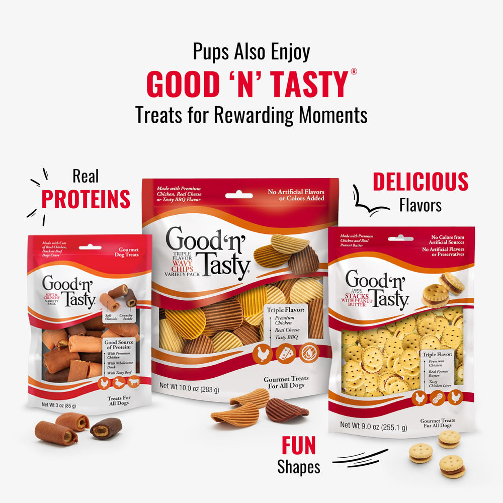 GOOD 'N' FUN Triple Flavor Kabobs ingredient range—beef, pork, chicken, duck, liver.