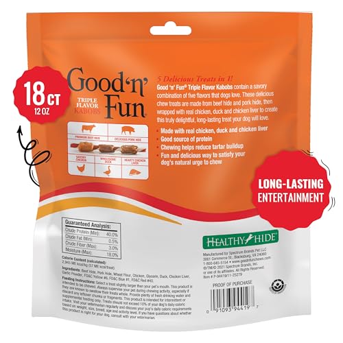 GOOD 'N' FUN Triple Flavor Kabobs pork wrap—protein-packed dog chew.