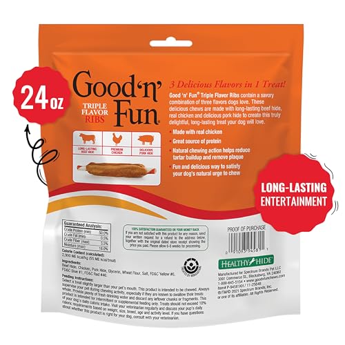 GOOD 'N' FUN Triple Flavor Ribs chew wrapped with real chicken for protein flavor