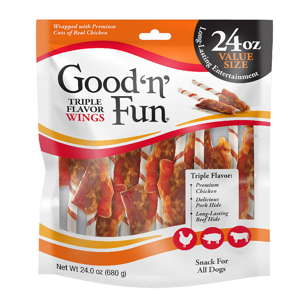 GOOD 'N' FUN Triple Flavor Wings chicken wrap close-up highlights a satisfying dog chew
