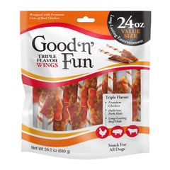 GOOD 'N' FUN Triple Flavor Wings chicken wrap close-up highlights a satisfying dog chew
