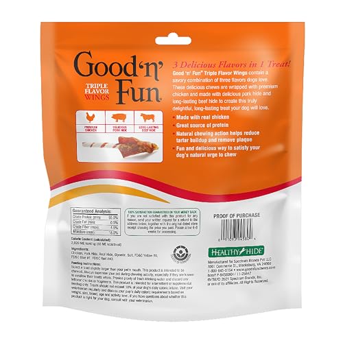 GOOD 'N' FUN Triple Flavor Wings pork hide core close-up shows durable chew potential
