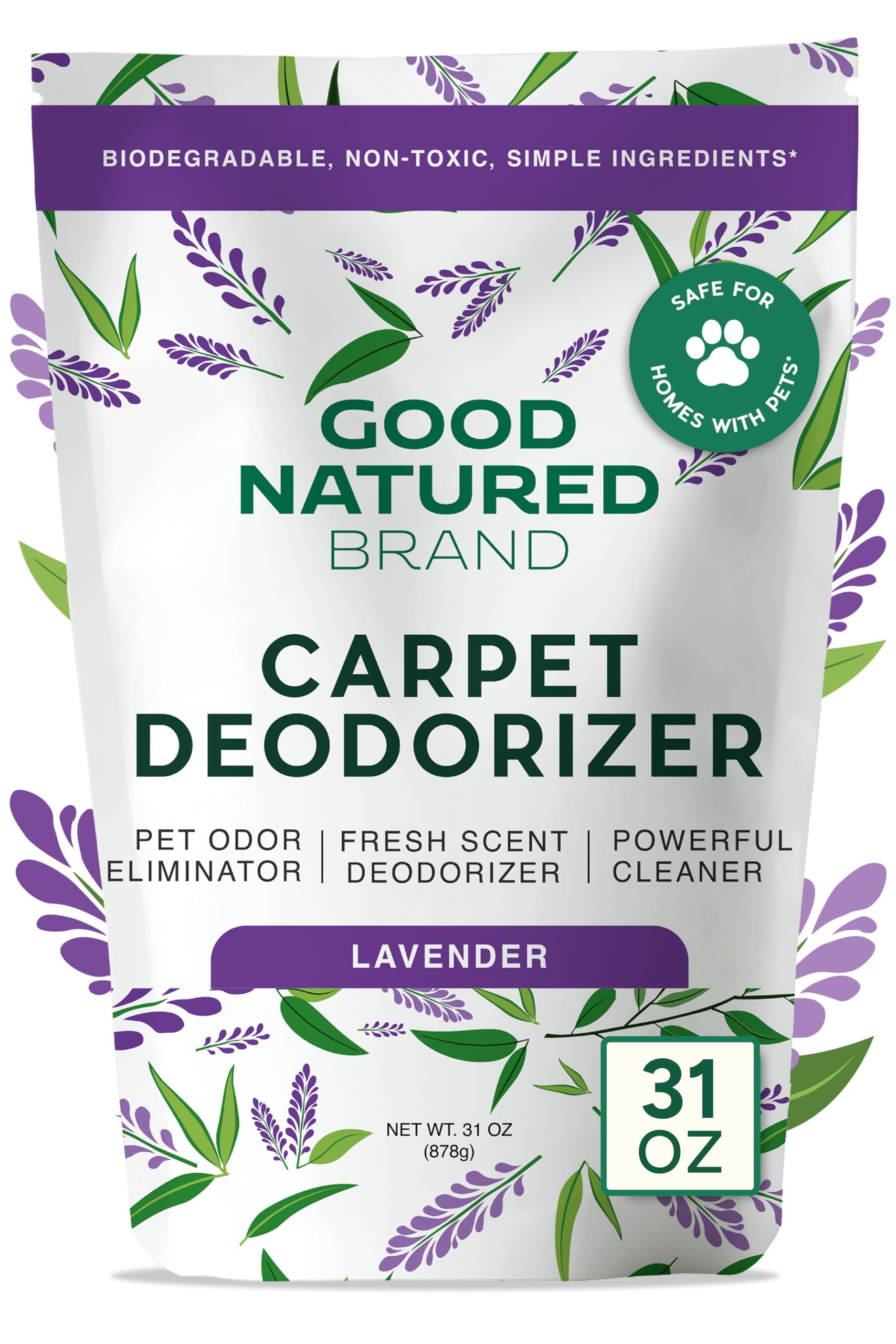 Good Natured Brand carpet deodorizer jar front with lavender fragrance for freshness.