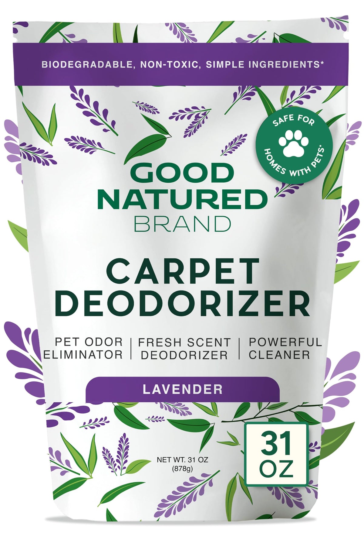 Good Natured Brand carpet deodorizer jar front with lavender fragrance for freshness.