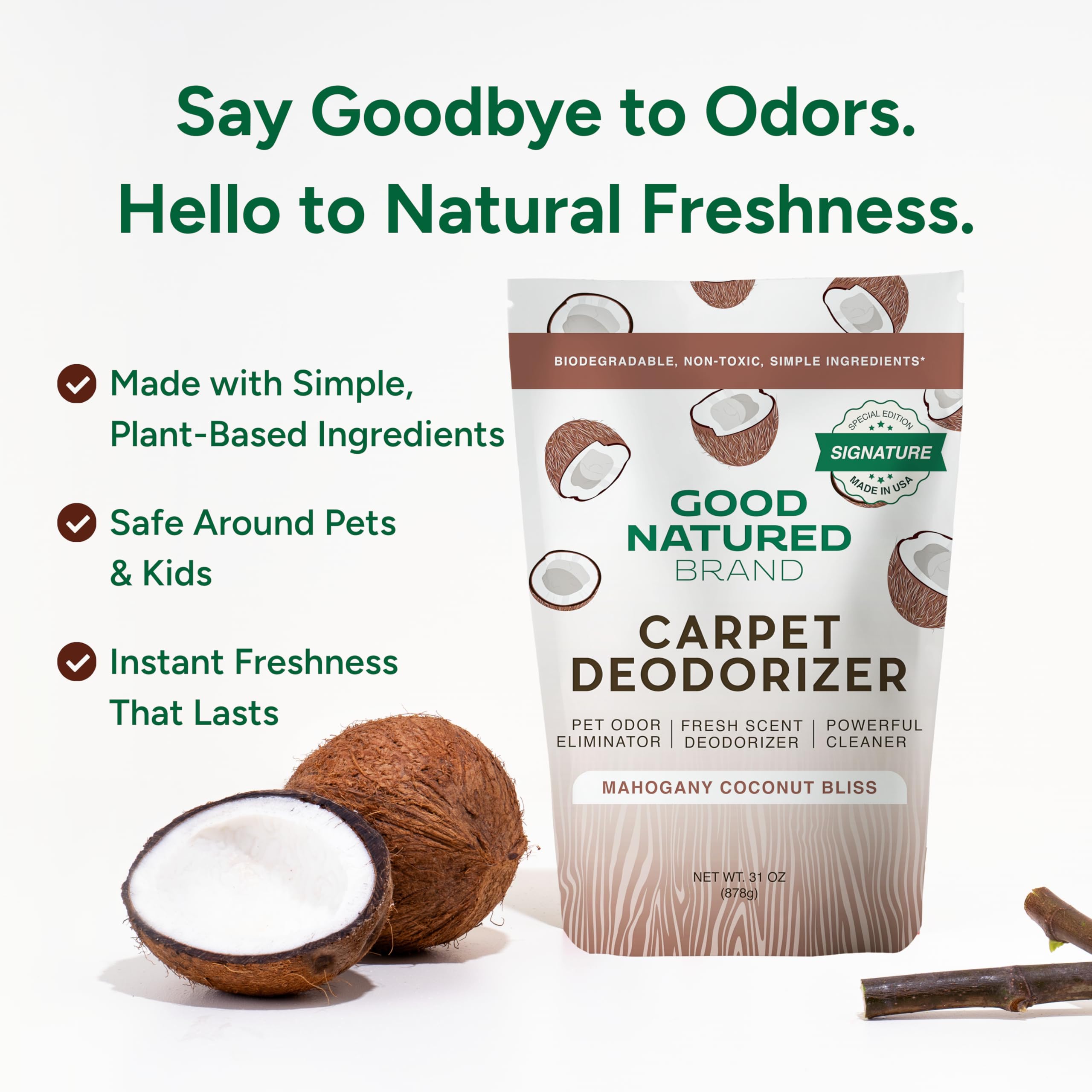 Good Natured Brand Mahogany Coconut Bliss scent freshens living rooms and upholstery.