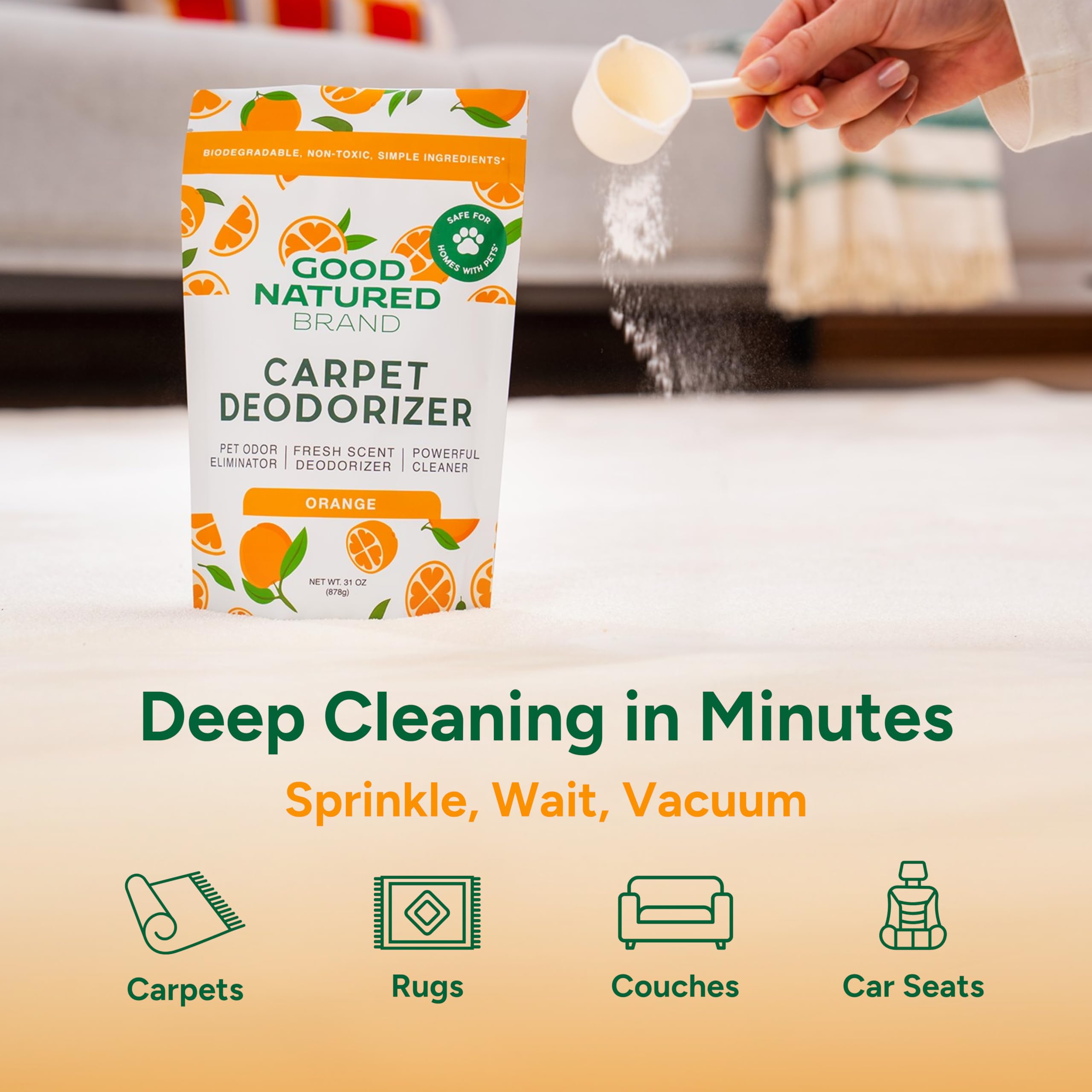 Good Natured Brand orange-scent carpet refresh adds citrus aroma.