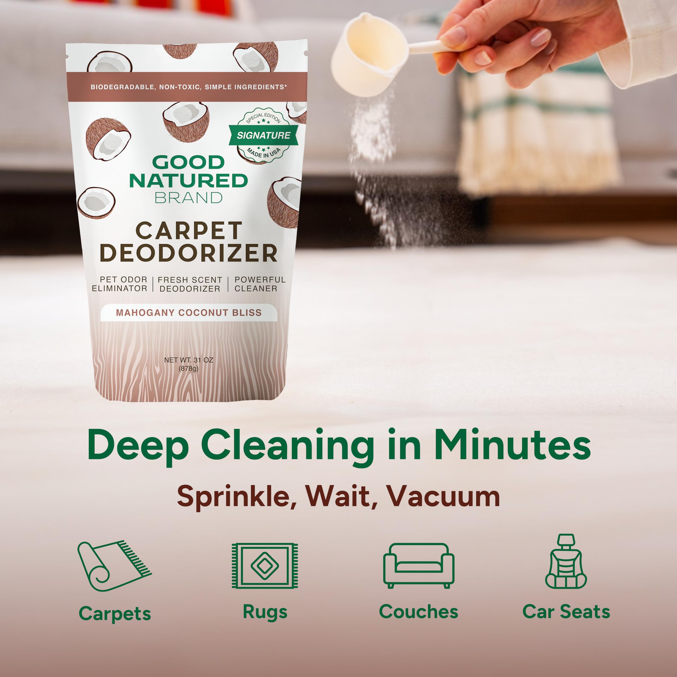 Good Natured Brand pet odor eliminator powder deep cleans carpet fibers.