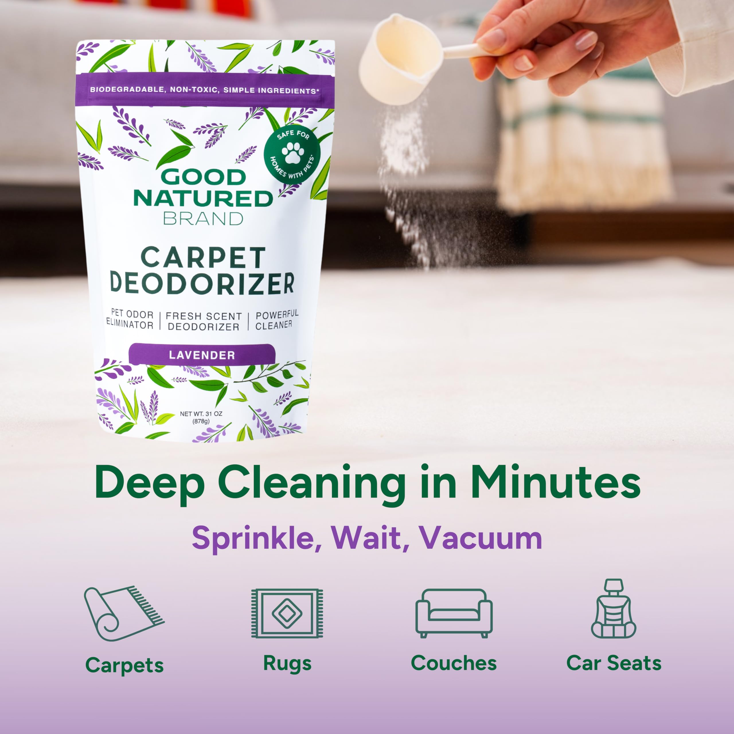 Good Natured Brand powder sprinkled on carpet fibers for deeper odor control.